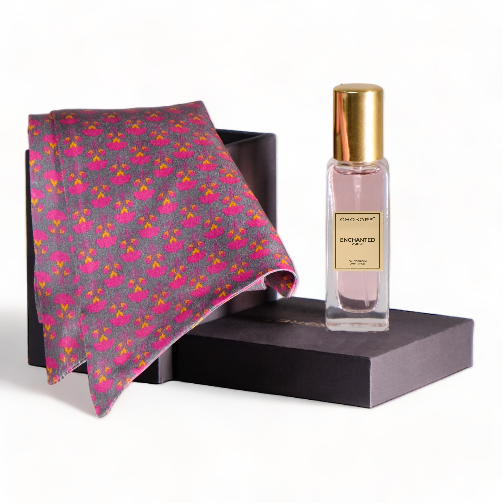 Chokore Special 2-in-1 Gift Set for Her(Pink and Purple Silk Scarf & 20 ml Enchanted Perfume)Her (Printed Stole & 20 ml Scandalous Perfume)