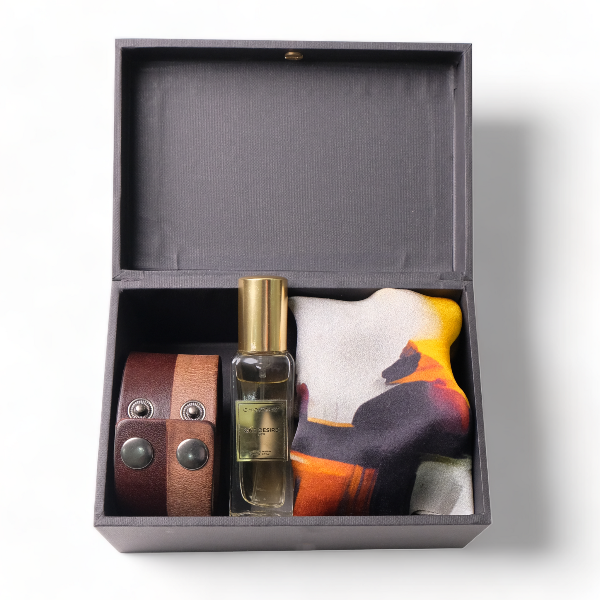Chokore Special 3-in-1 Gift Set for Him (Lucknow Pocket Square, Leather Bracelet, & 20 ml One Desire Perfume)