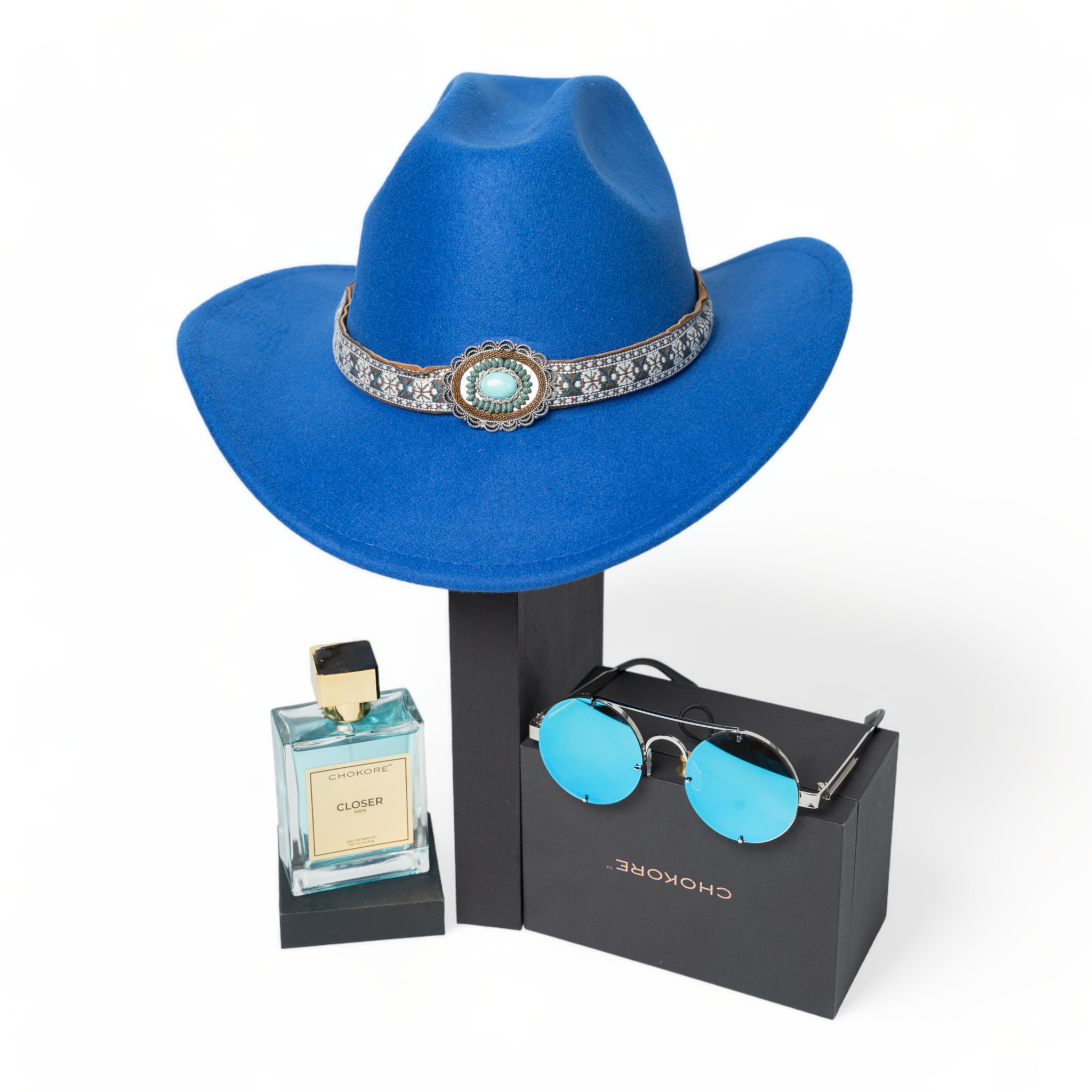 Chokore Special 3-in-1 Gift Set for Him (Blue Cowboy Hat, Round Sunglasses, & Closer Perfume)