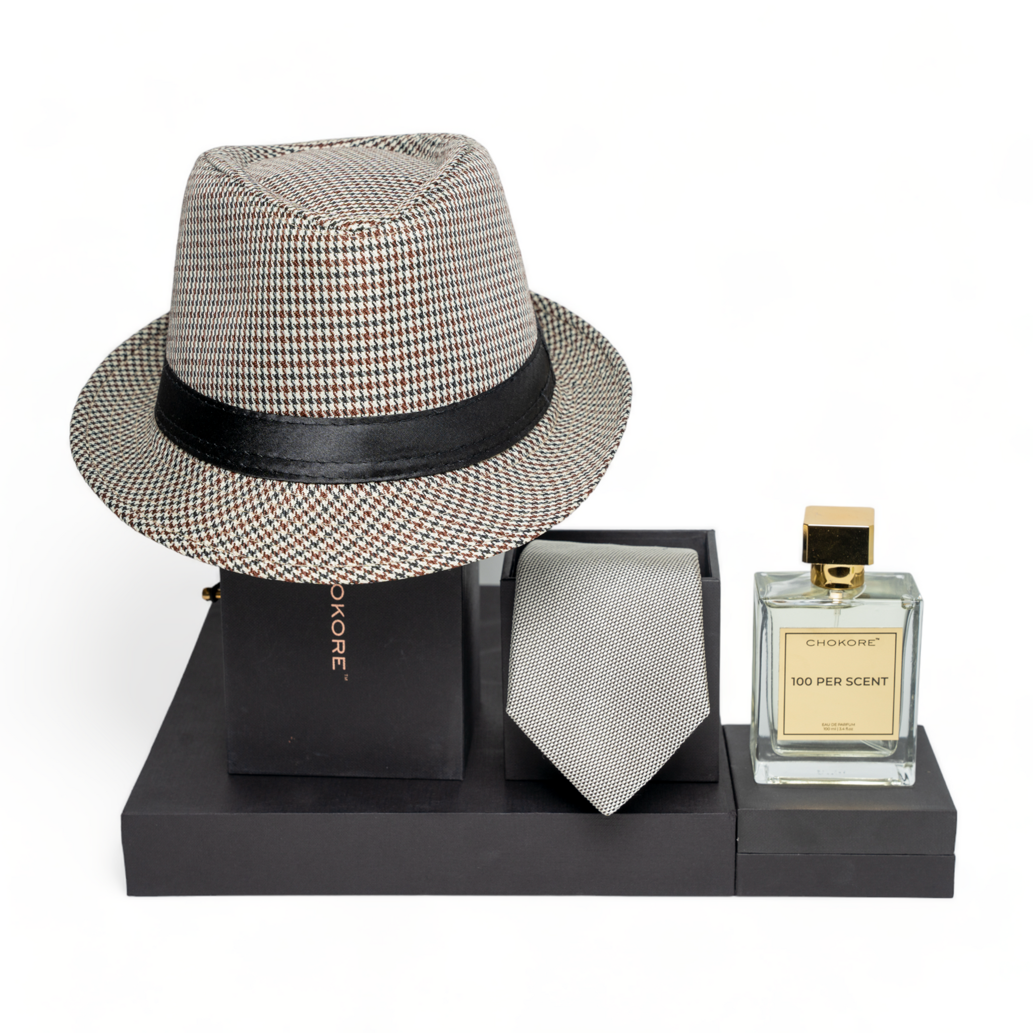 Chokore Special 3-in-1 Gift Set for Him (Fedora Hat, Necktie, & 100 Per Scent Perfume)