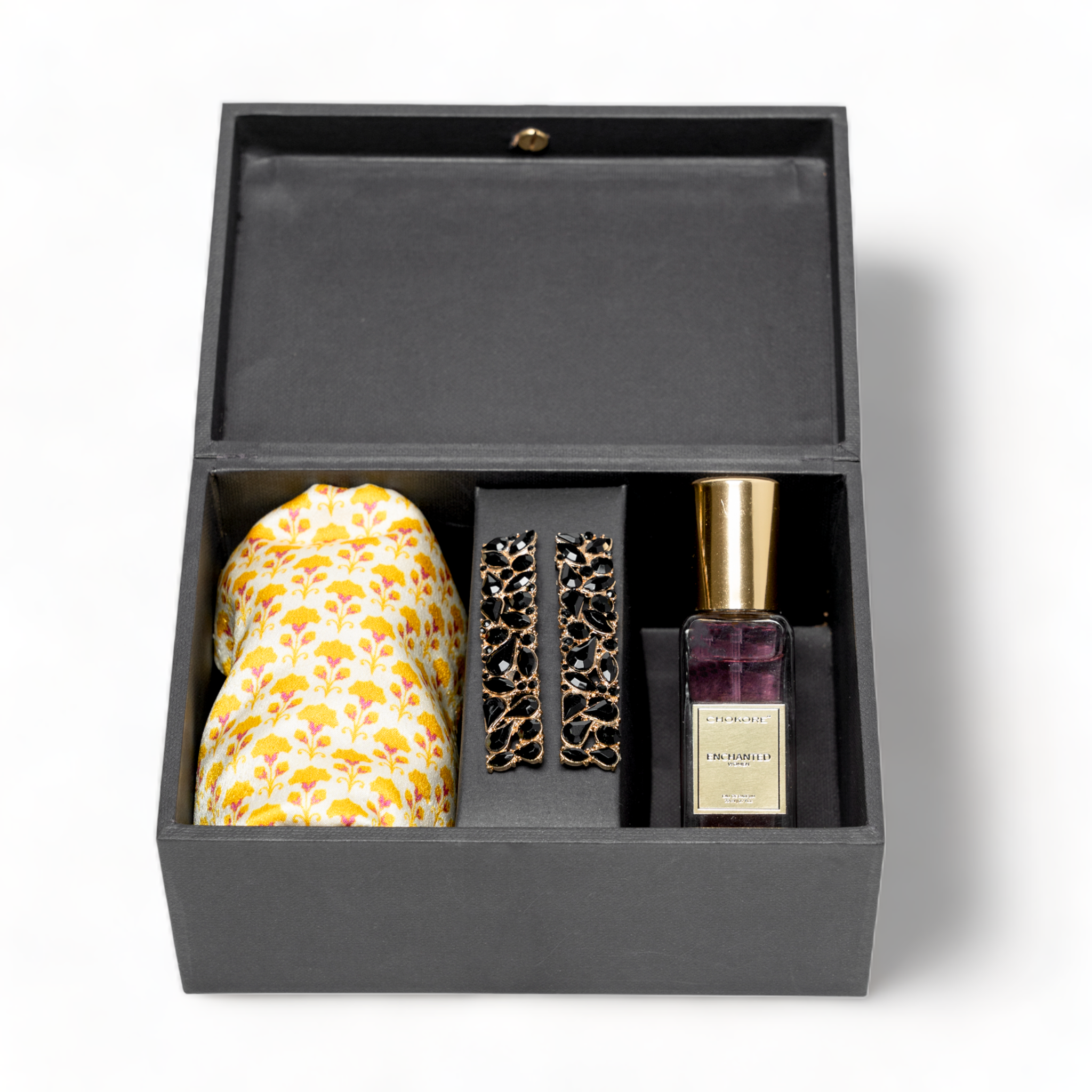 Chokore Special 3-in-1 Gift Set for Her (Silk Scarf, 20 ml Enchanted Perfume, & Black Dangle Earrings)