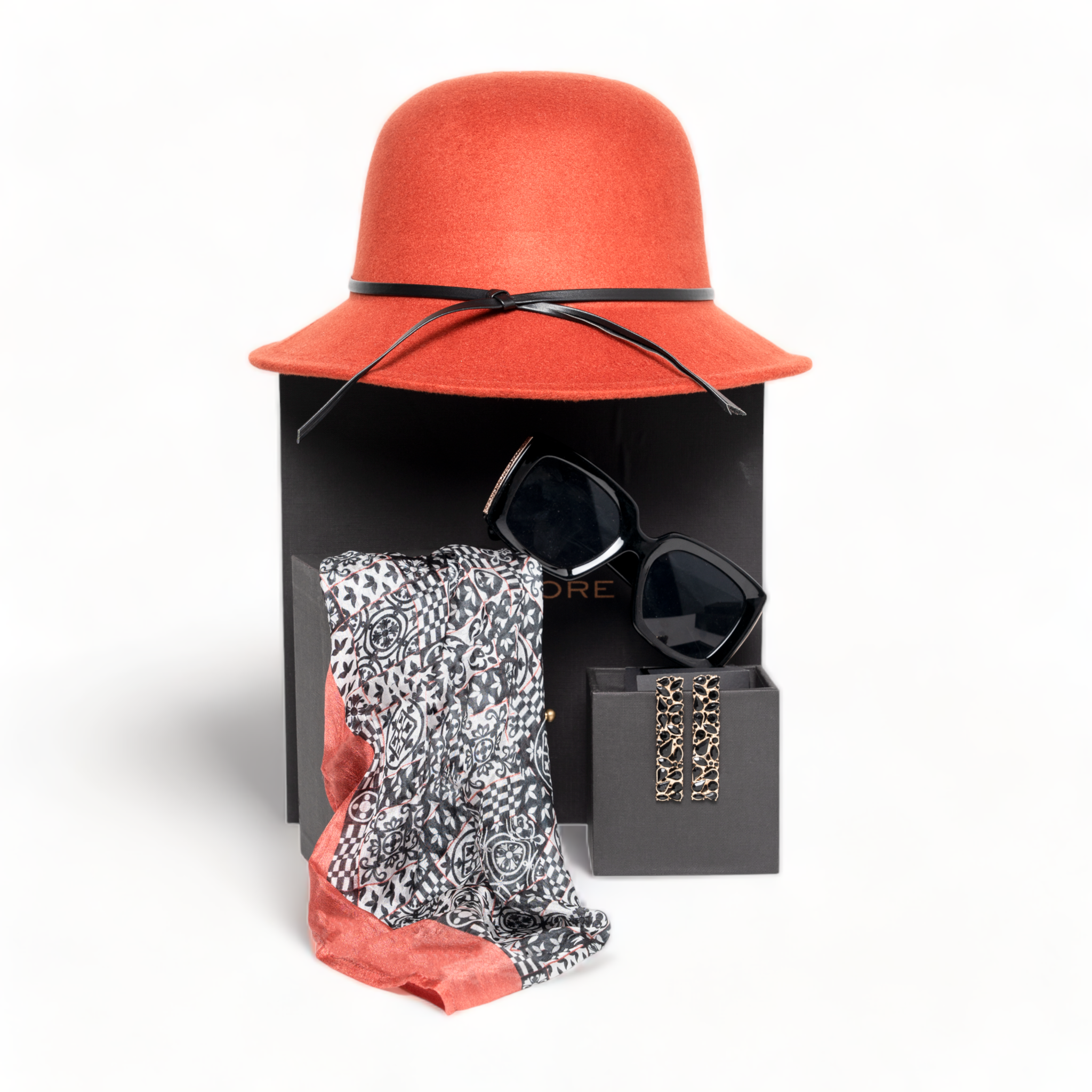 Chokore Special 3-in-1 Gift Set for Her (Red Cloche Hat, Silk Stole, & Sunglasses)
