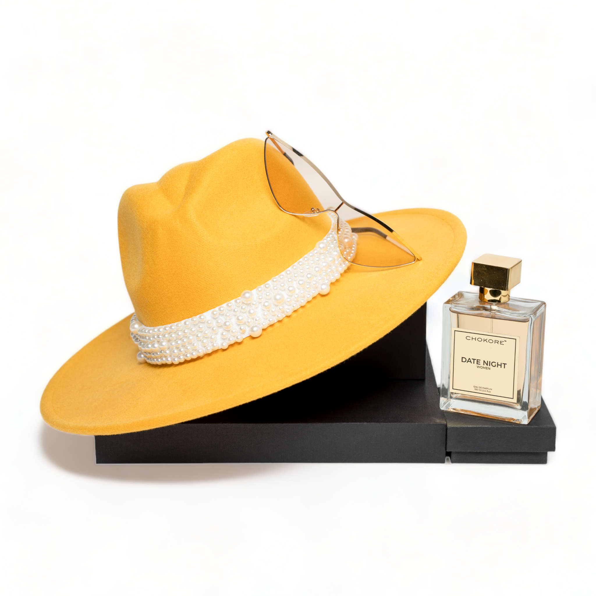Chokore Special 3-in-1 Gift Set for Her (Pearl Embellished Hat, 100 ml Date Night Perfume, & Sunglasses)