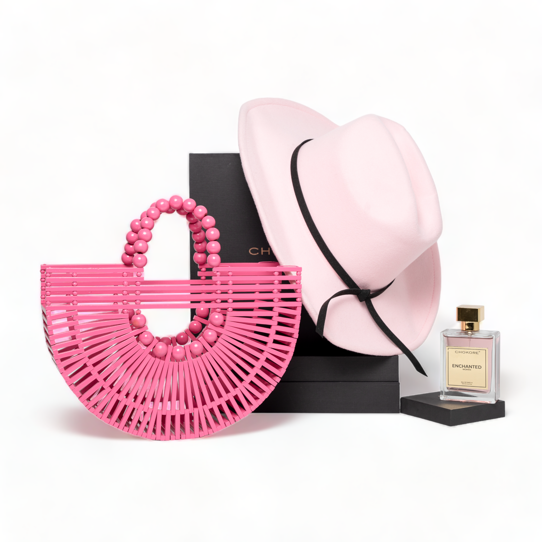 Chokore Special 3-in-1 Gift Set for Her (Bamboo Bag Pink, Cowgirl Hat, & 100 ml Enchanted Perfume)