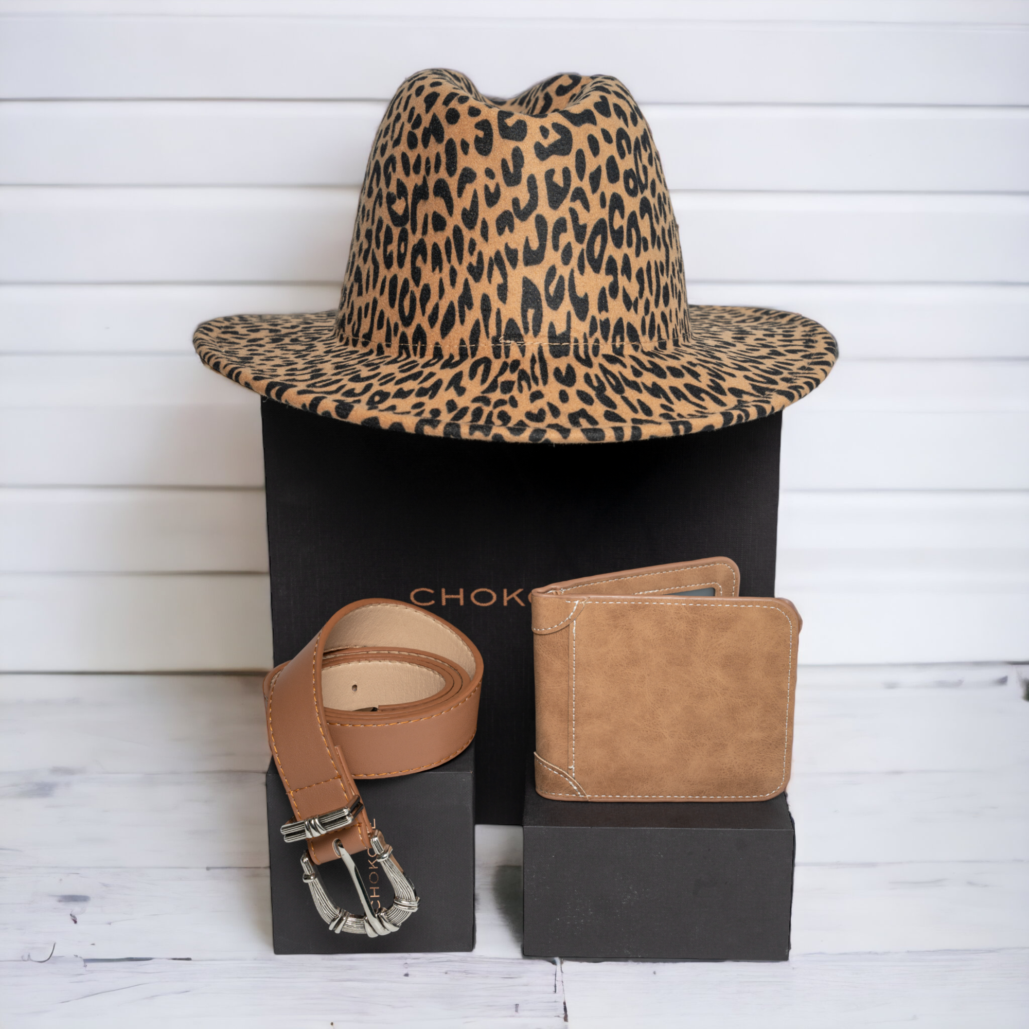 Chokore Special 3-in-1 Gift Set for Him & Her (Buckle Belt, Wallet, & Leopard print Hat)