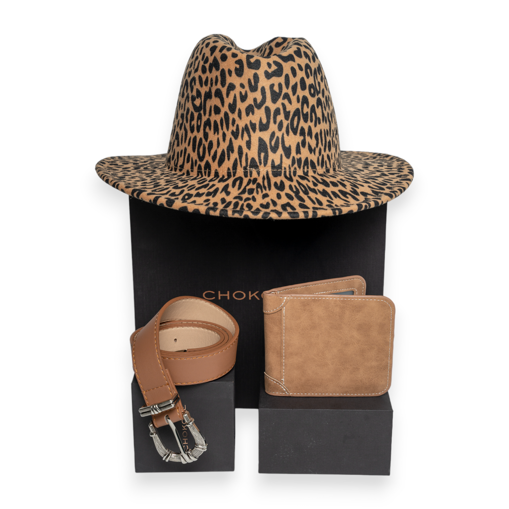Chokore Special 3-in-1 Gift Set for Him & Her (Buckle Belt, Wallet, & Leopard print Hat)