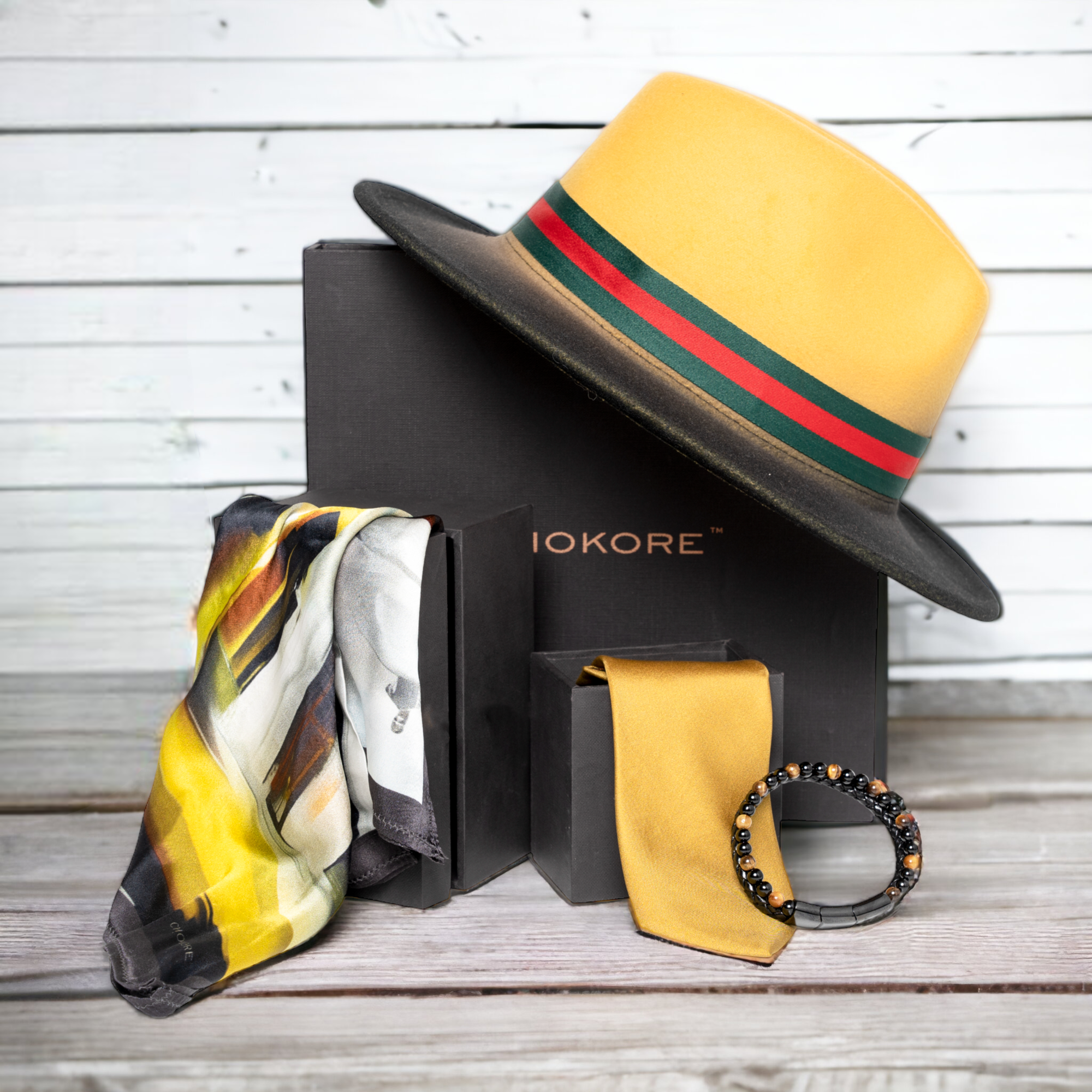 Chokore Special 4-in-1 Gift Set for Him (Chokore Arte Pocket Square, Solid Necktie, Hat, & Bracelet)