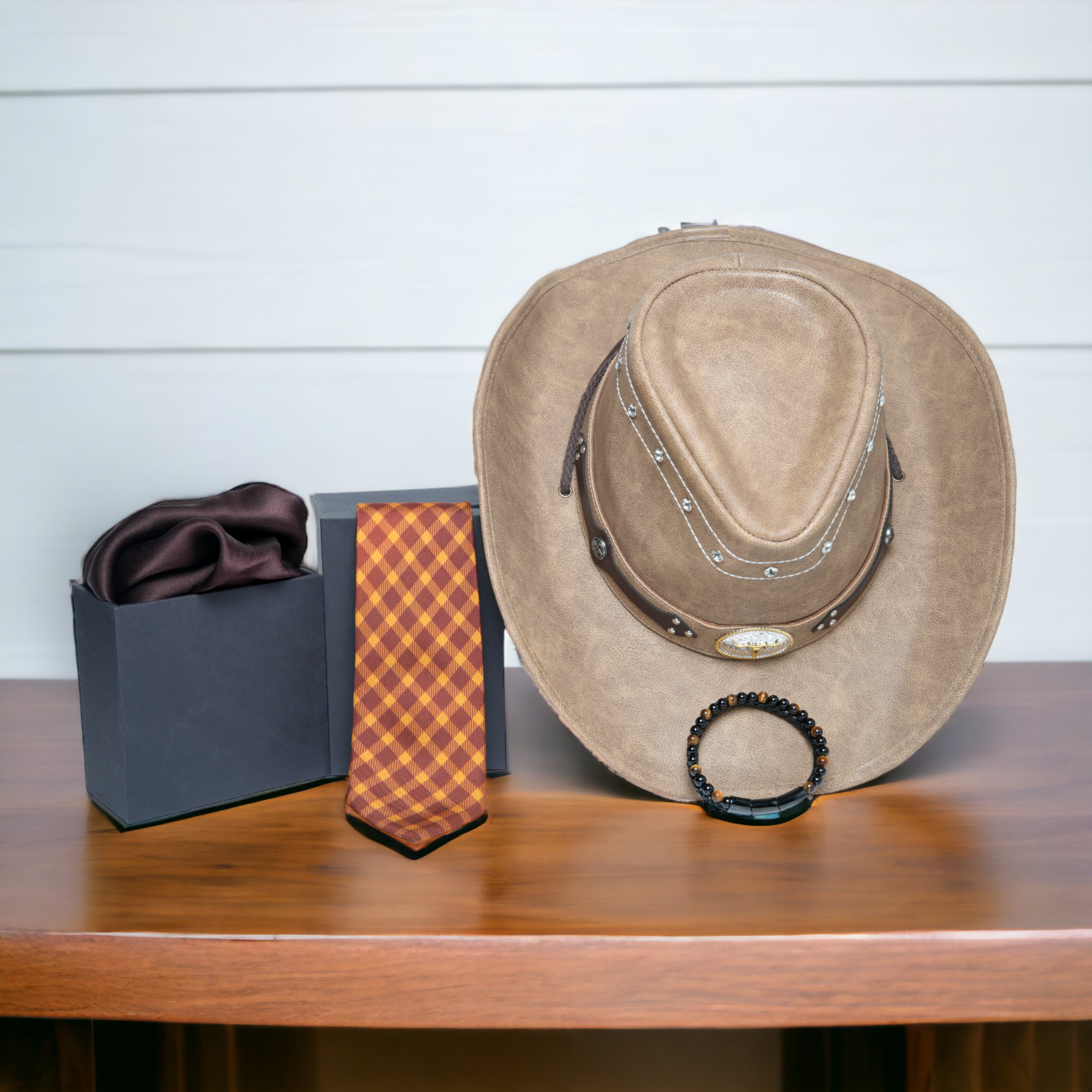 Chokore Special 4-in-1 Gift Set for Him (Solid Pocket Square, Plaid Necktie, Hat, & Bracelet)