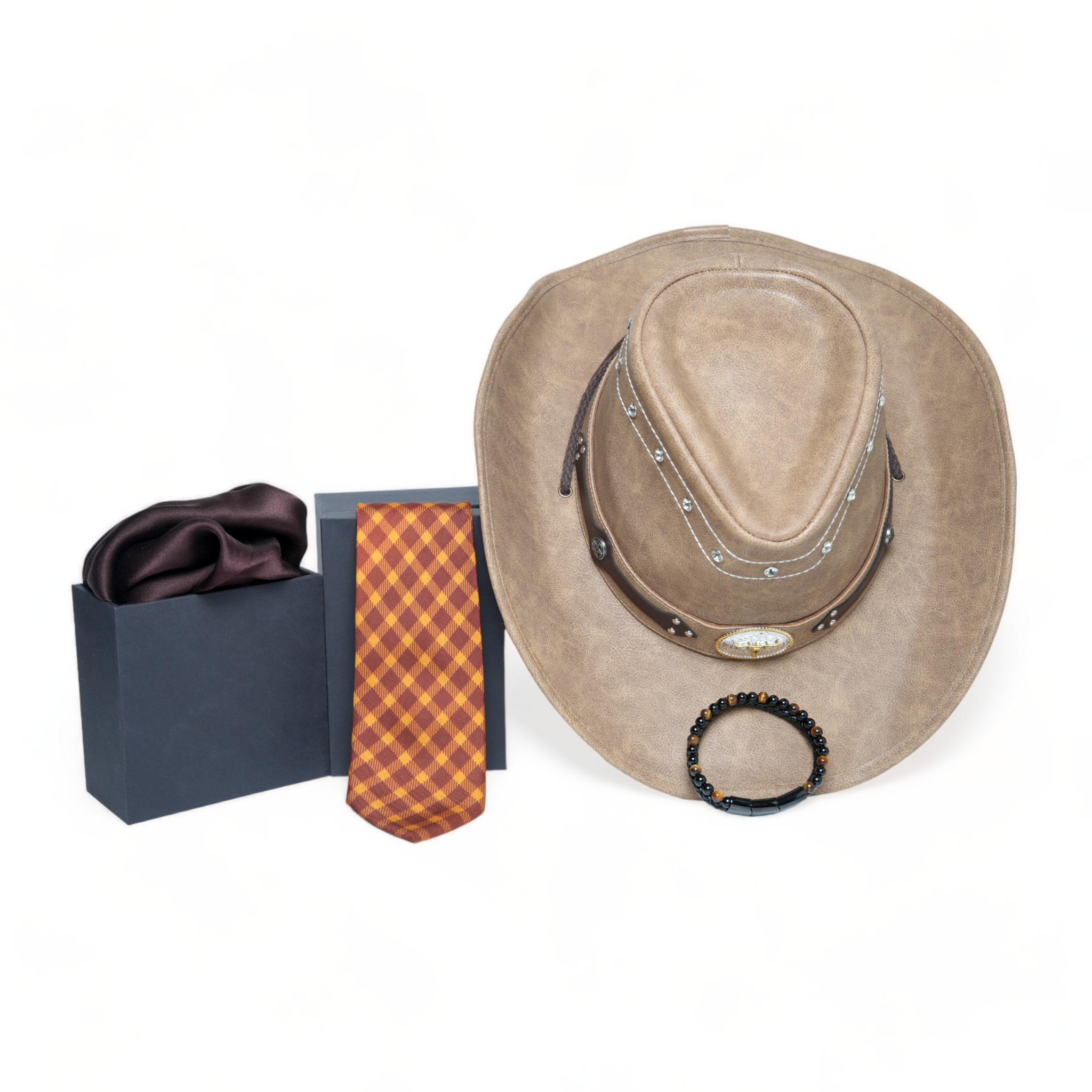 Chokore Special 4-in-1 Gift Set for Him (Solid Pocket Square, Plaid Necktie, Hat, & Bracelet)