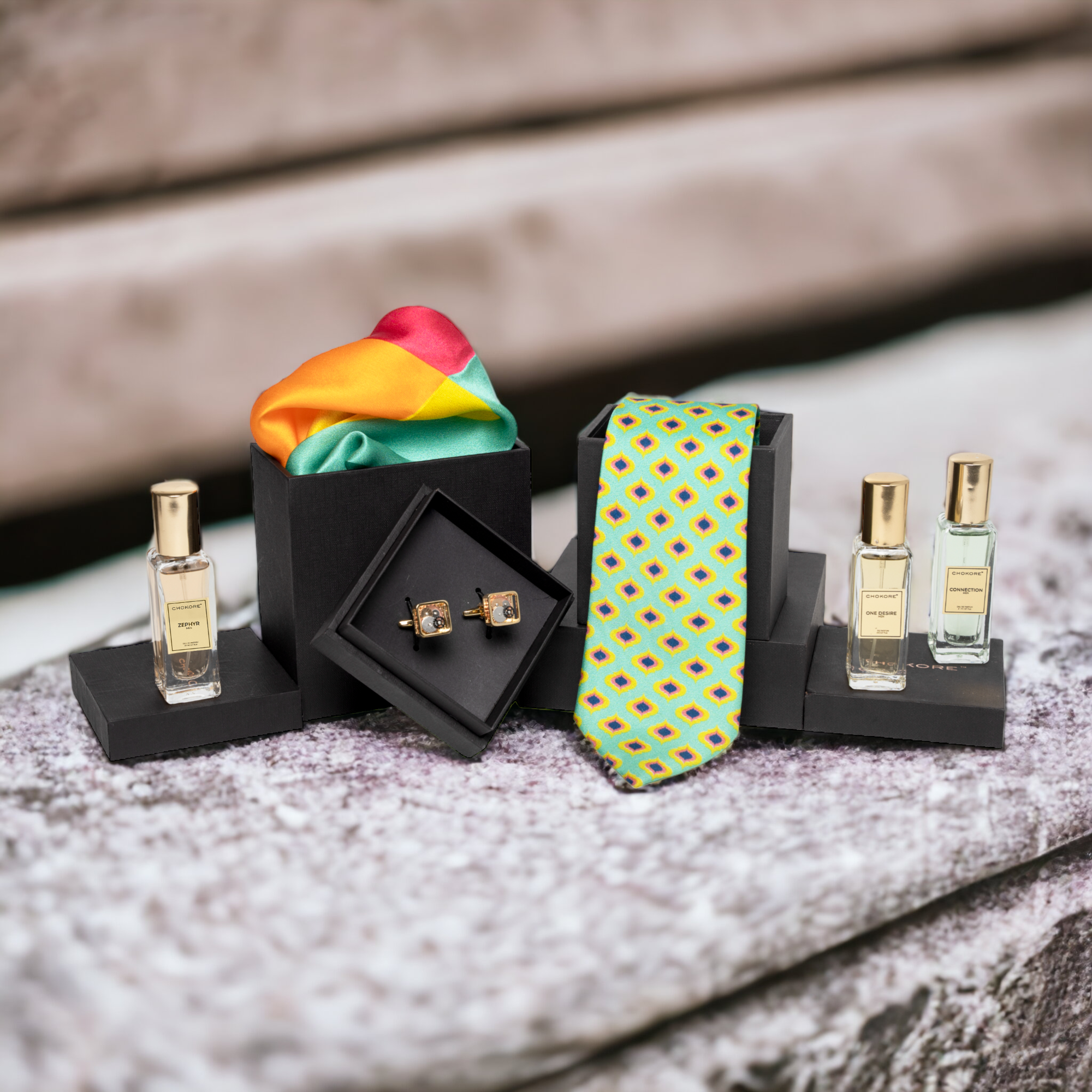 Chokore Special 4-in-1 Gift Set for Him (Pocket Square, Necktie, Perfume Combo, & Cufflinks)