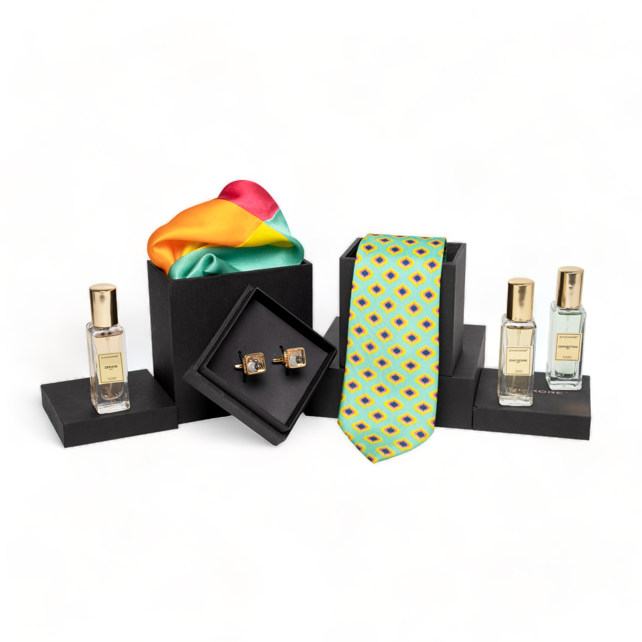 Chokore Special 4-in-1 Gift Set for Him (Pocket Square, Necktie, Perfume Combo, & Cufflinks)
