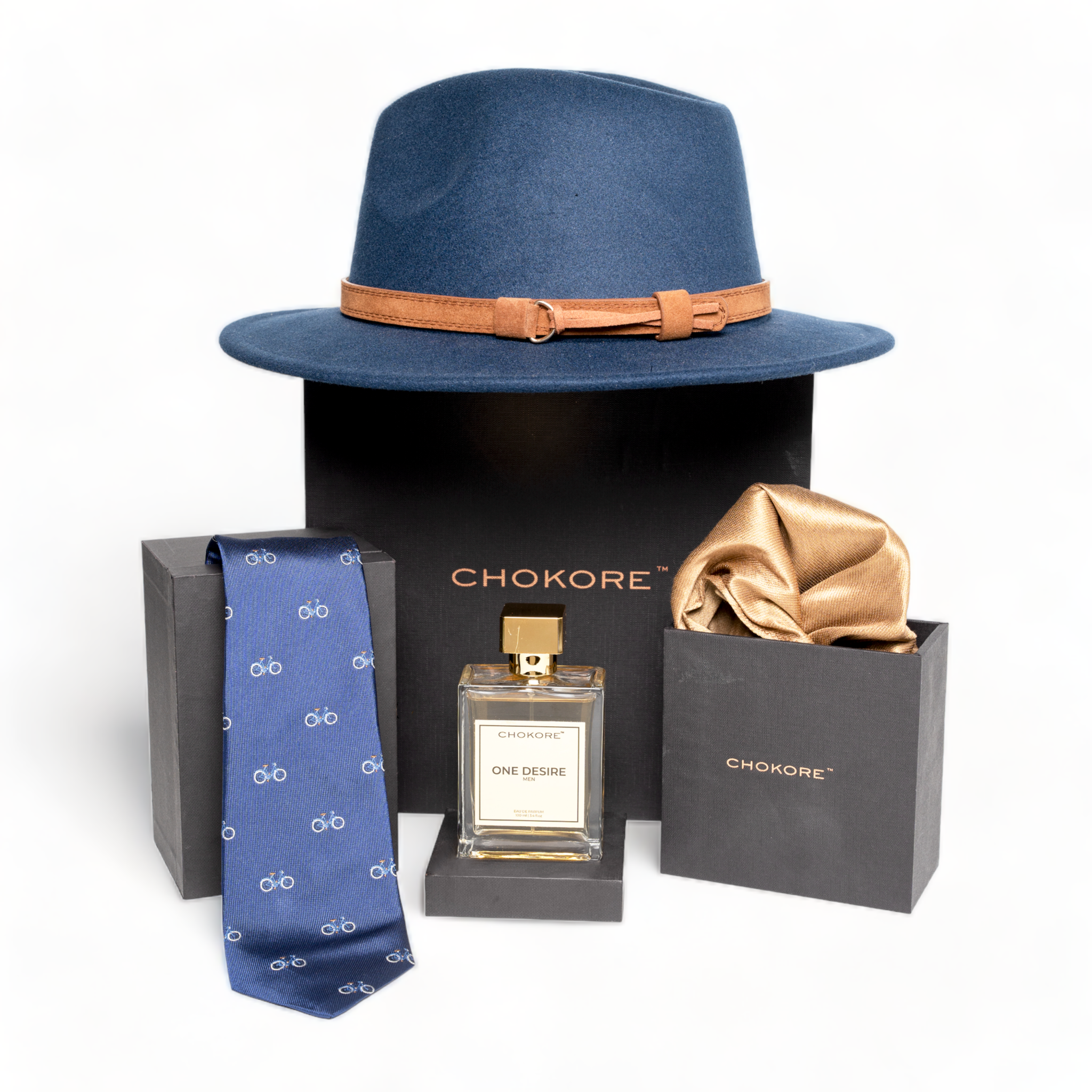 Chokore Special 4-in-1 Gift Set for Him (Pocket Square, RKXC Necktie, Hat & 100 ml One Desire Perfume)