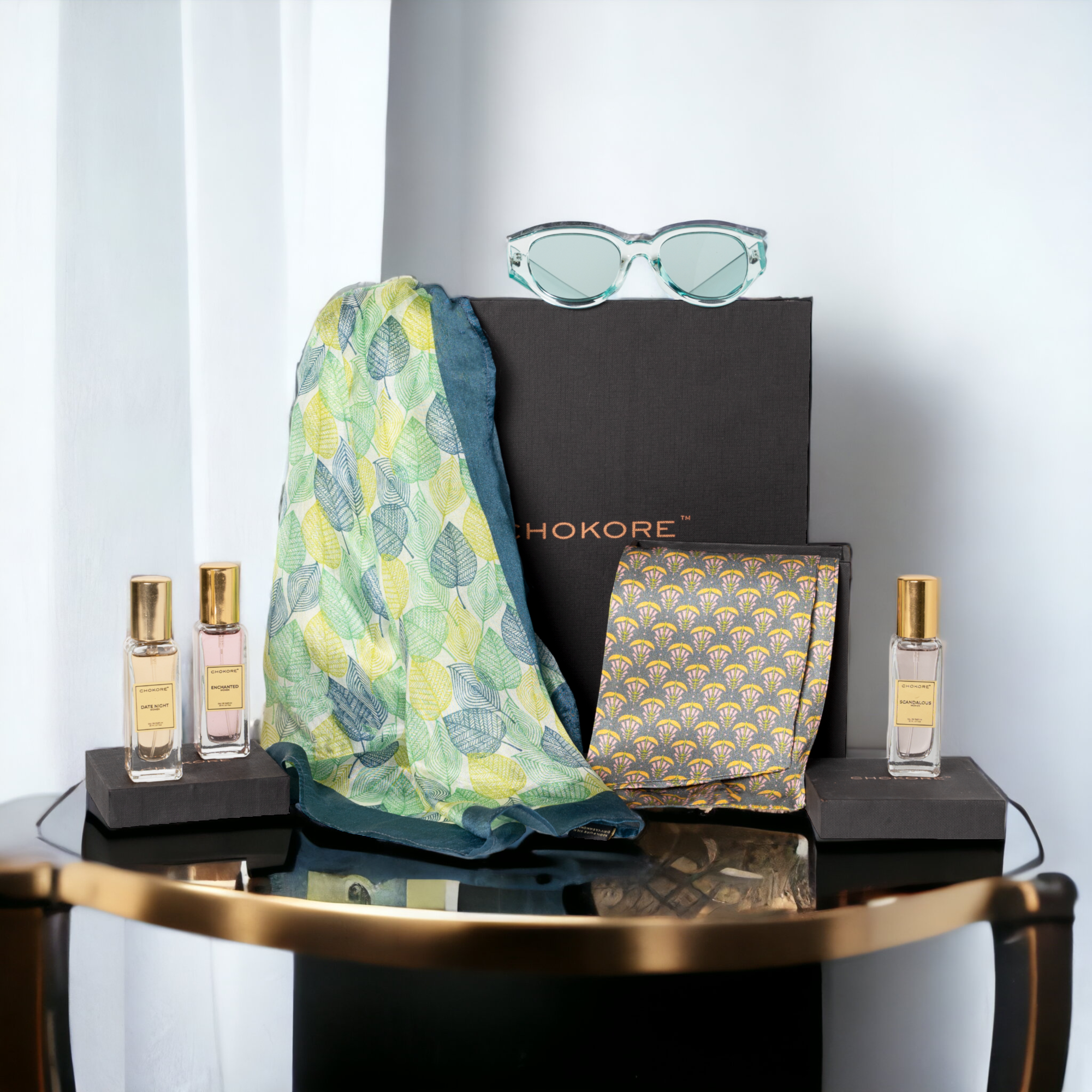 Chokore Special 4-in-1 Gift Set for Her (Silk Stole, Scarf, Sunglasses, & Perfumes Combo)