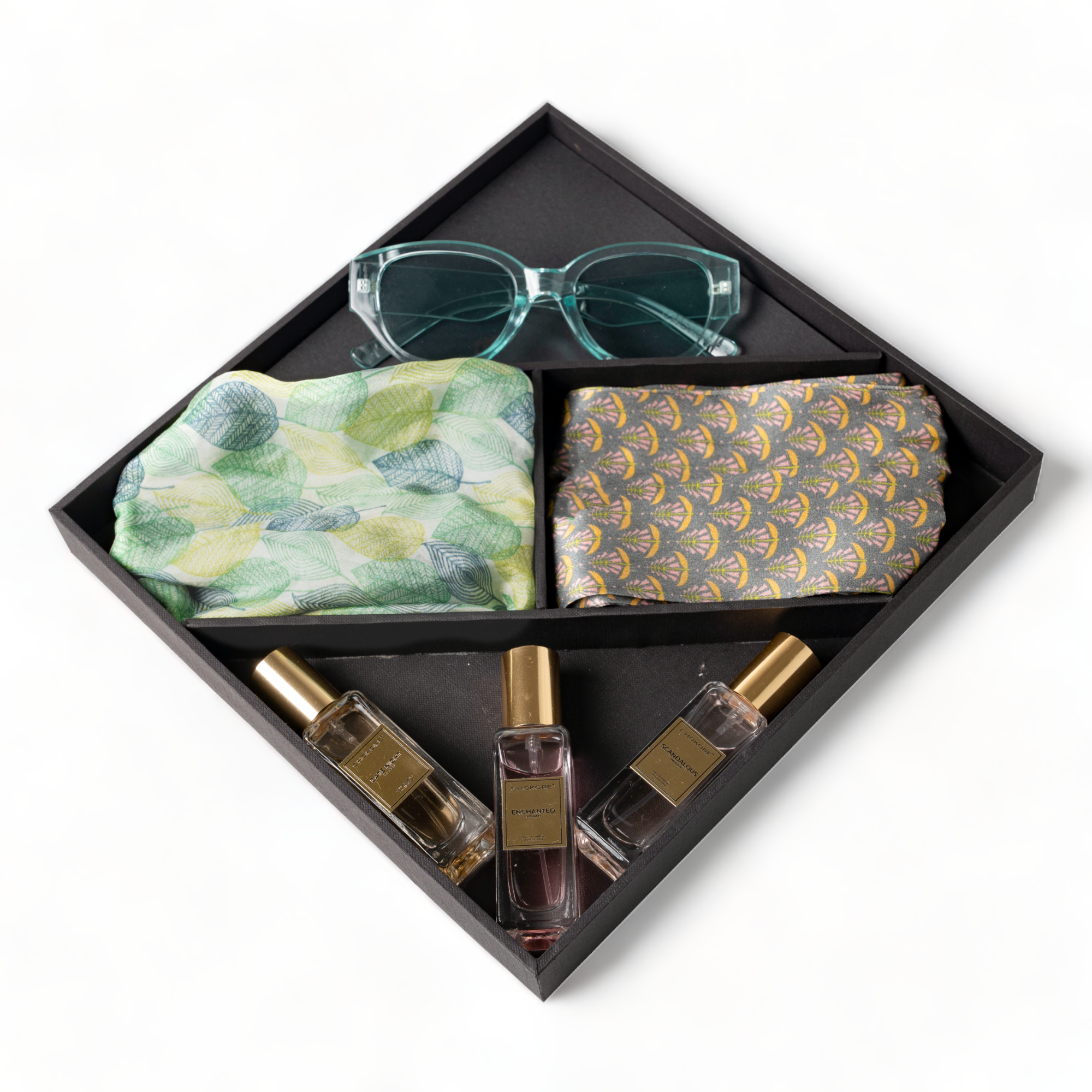 Chokore Special 4-in-1 Gift Set for Her (Silk Stole, Scarf, Sunglasses, & Perfumes Combo)