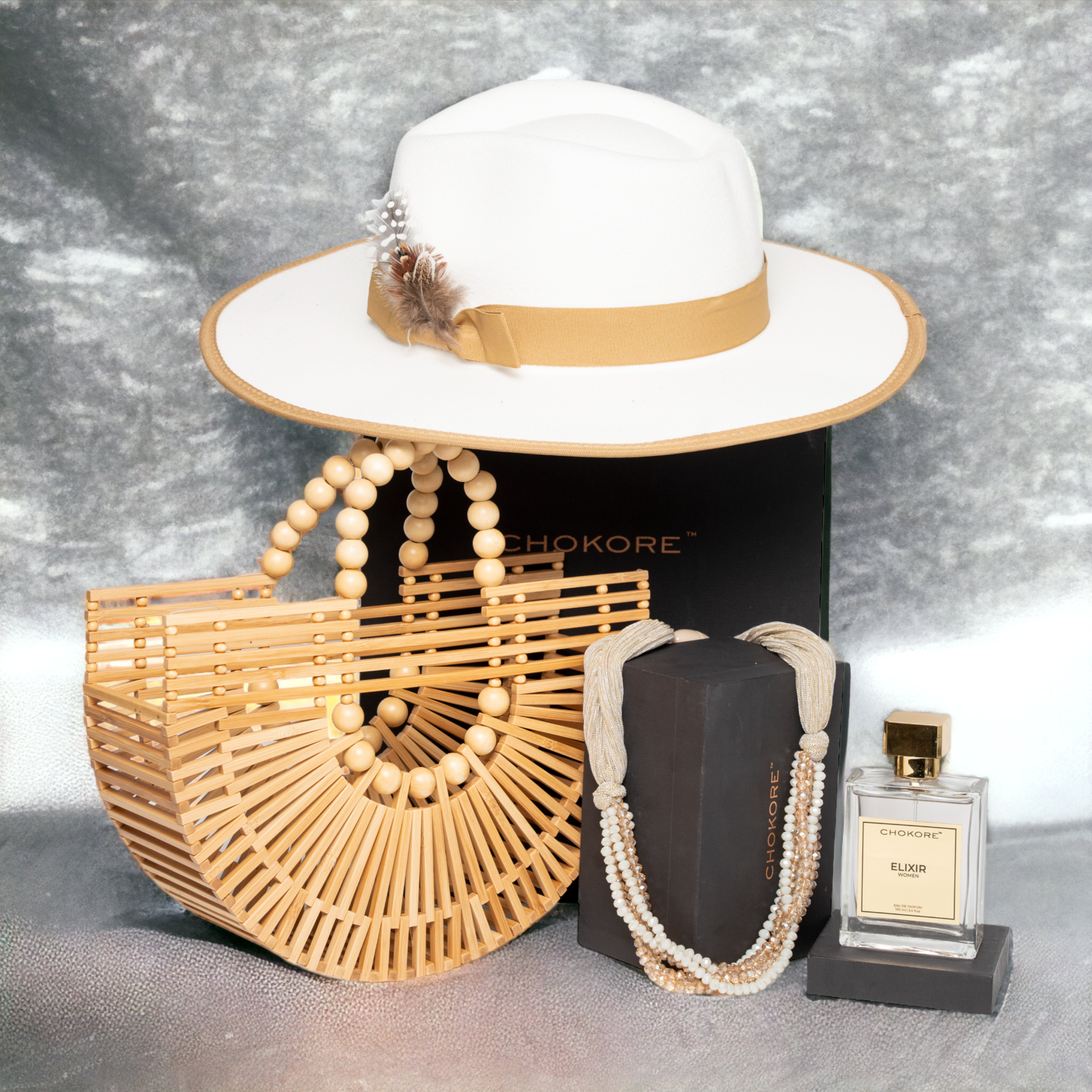 Chokore Special 4-in-1 Gift Set for Her (Pearl Bamboo Bag, Fedora Hat, 100 ml Perfume, & Necklace)