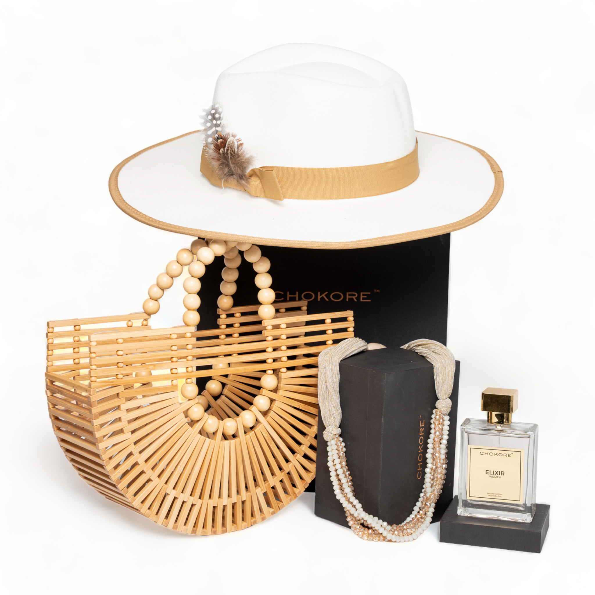 Chokore Special 4-in-1 Gift Set for Her (Pearl Bamboo Bag, Fedora Hat, 100 ml Perfume, & Necklace)