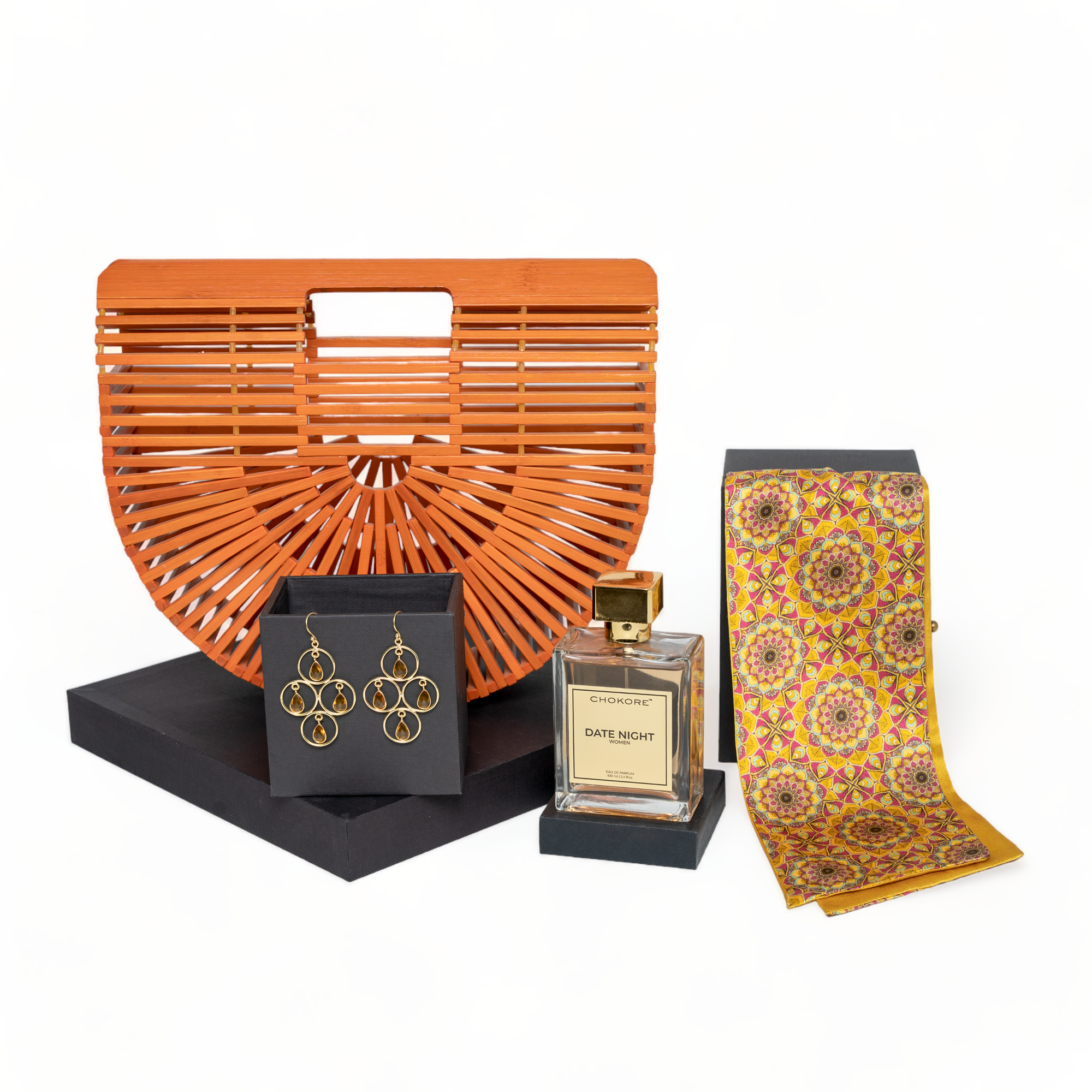 Chokore Special 4-in-1 Gift Set for Her (Bamboo Bag, 100 ml Date Night Perfume, Earrings, & Silk Scarf)