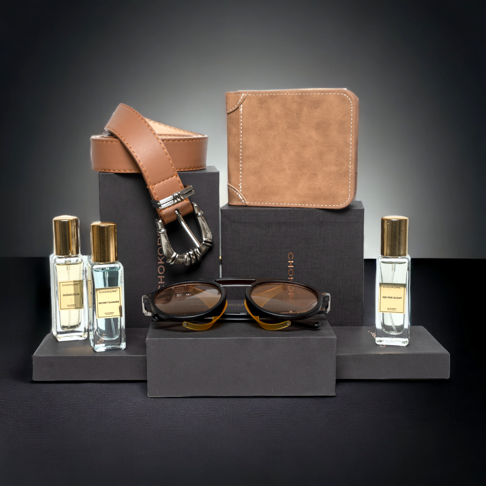 Chokore Special 4-in-1 Gift Set for Him & Her (Belt, Wallet, Sunglasses, & Perfume Combo)
