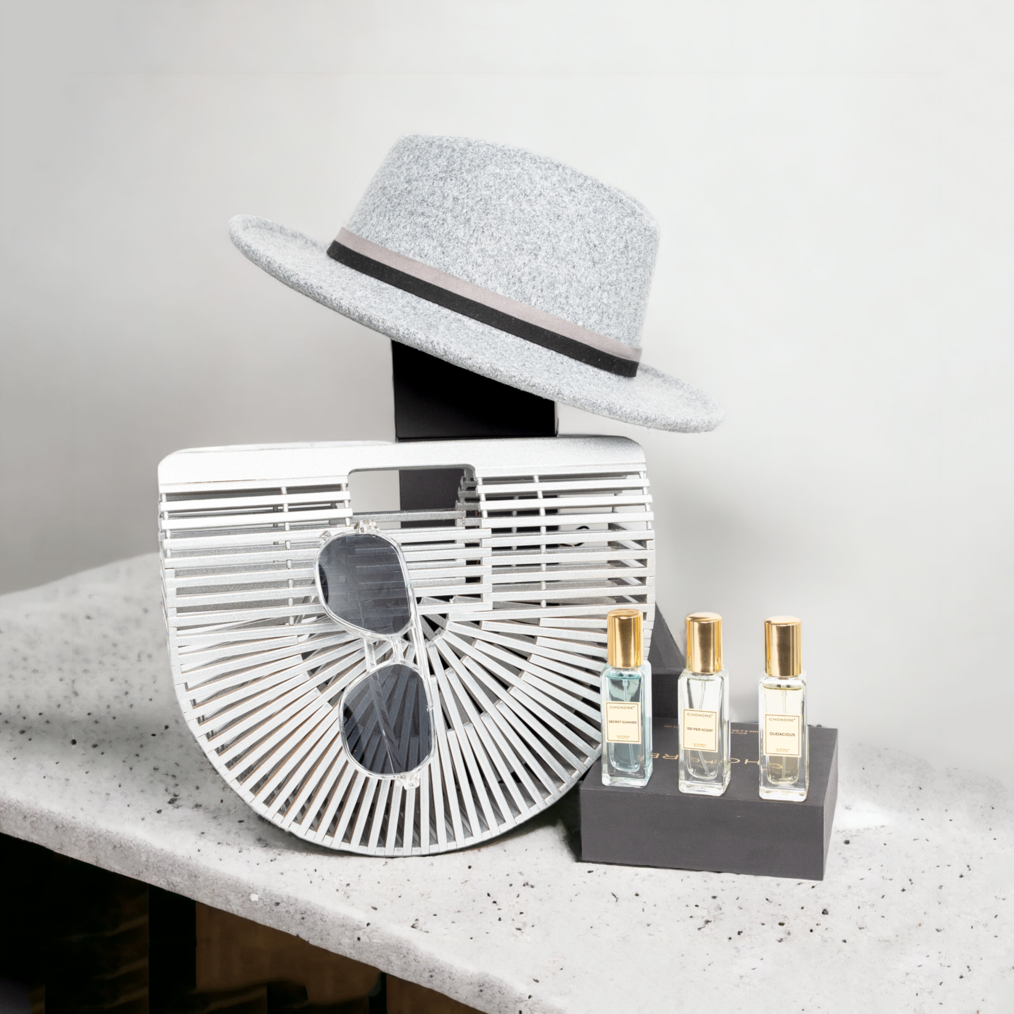 Chokore Special 4-in-1 Gift Set for Him & Her (Fedora Hat, Bamboo bag, Sunglasses, & Perfumes Combo)