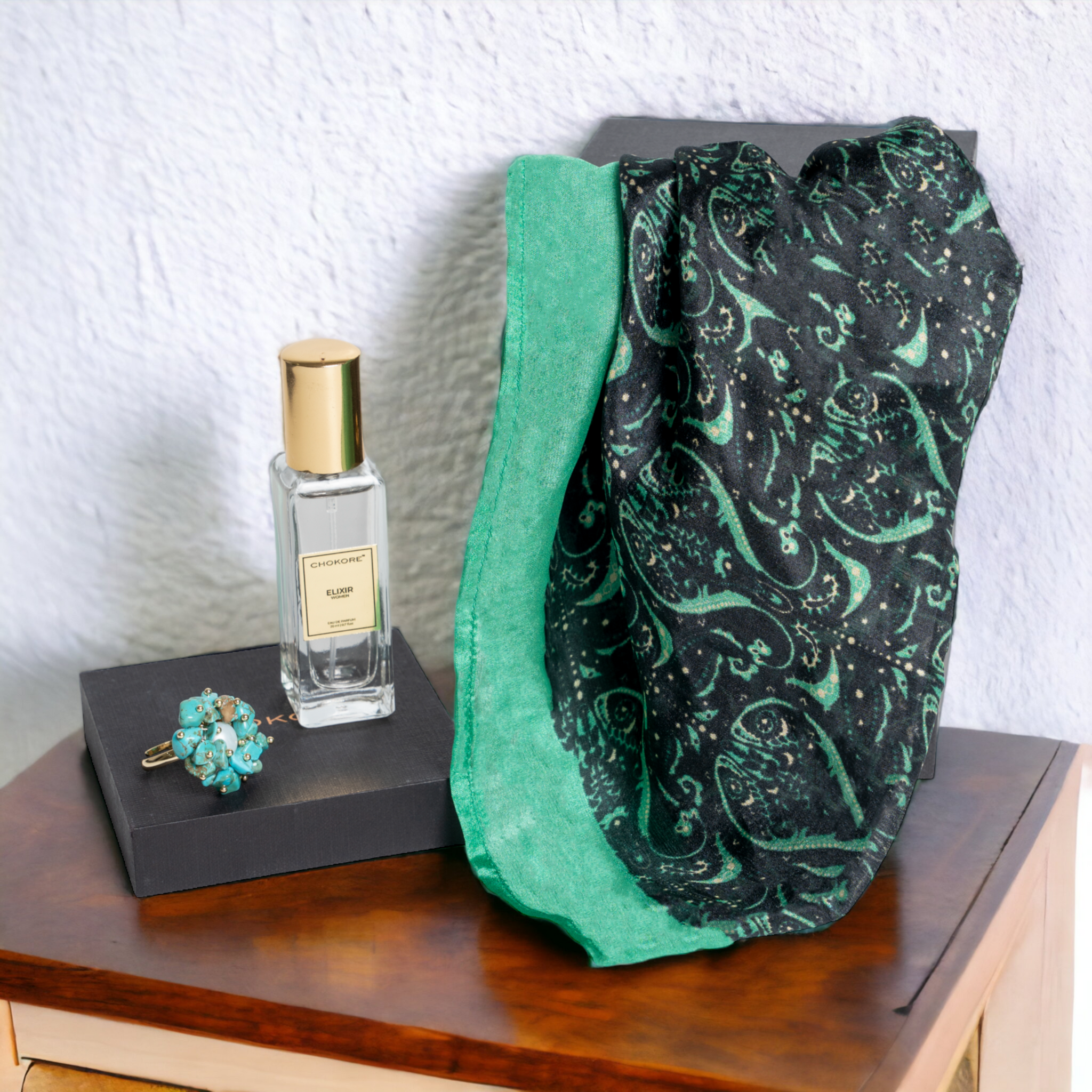 Chokore Special 3-in-1 Gift Set for Her (Silk Stole, Turquoise Stone Ring, & 20 ml Elixir Perfume)