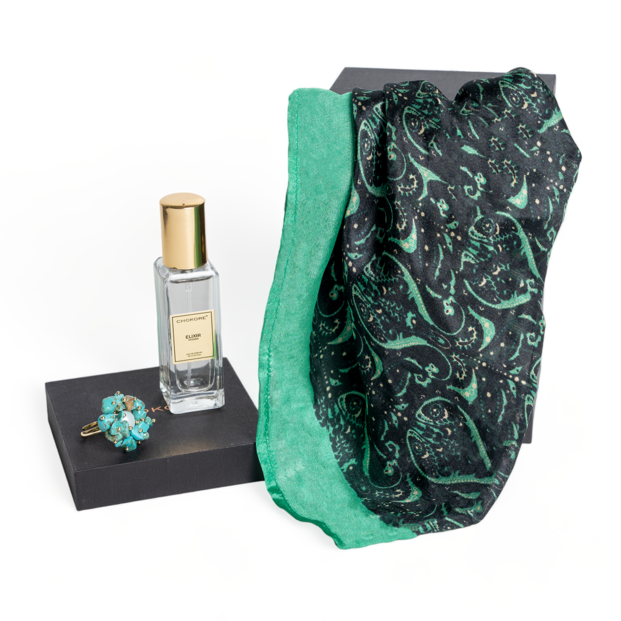 Chokore Special 3-in-1 Gift Set for Her (Silk Stole, Turquoise Stone Ring, & 20 ml Elixir Perfume)