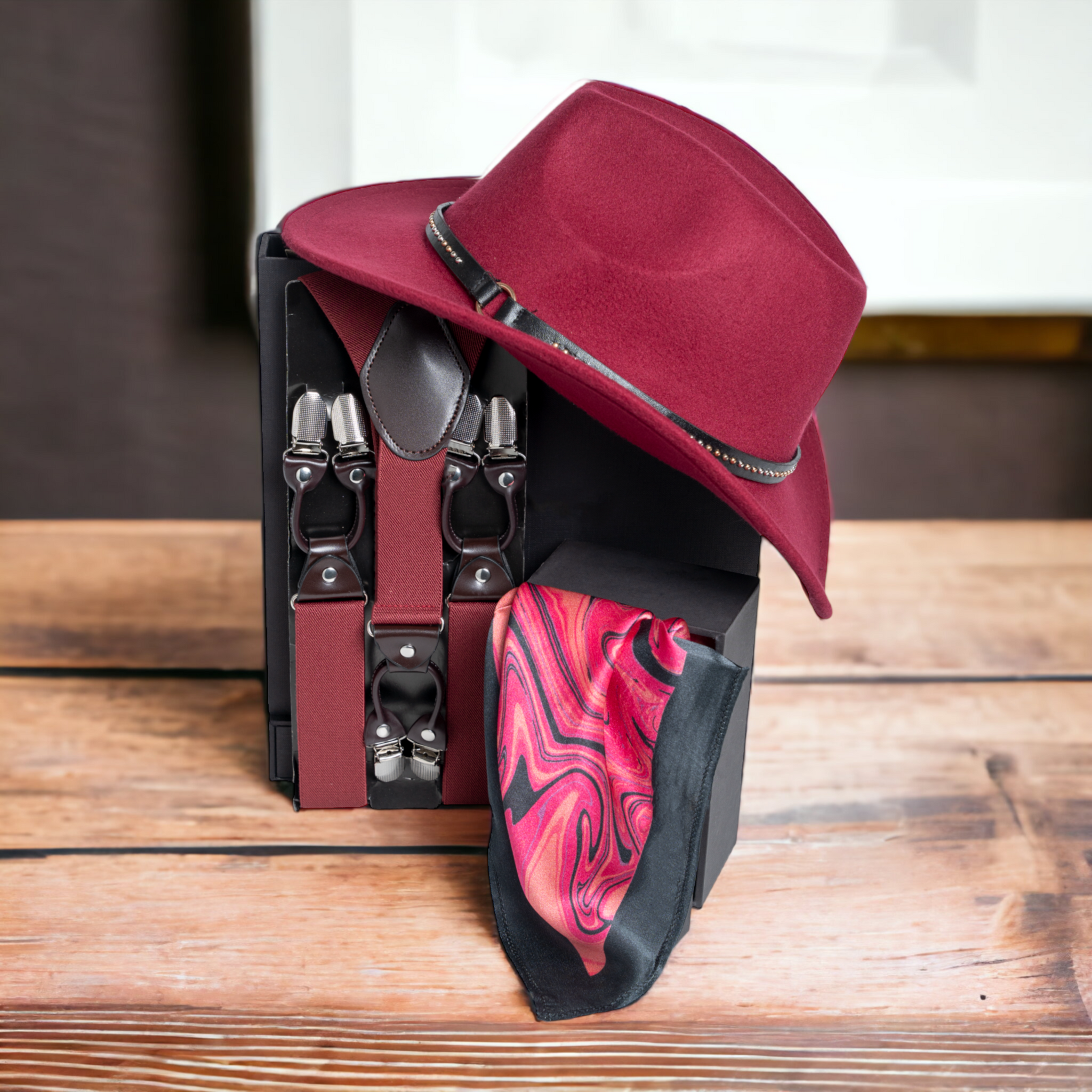Chokore Special 3-in-1 Gift Set for Him (Burgundy Suspenders, Cowboy Hat, & Pocket Square)