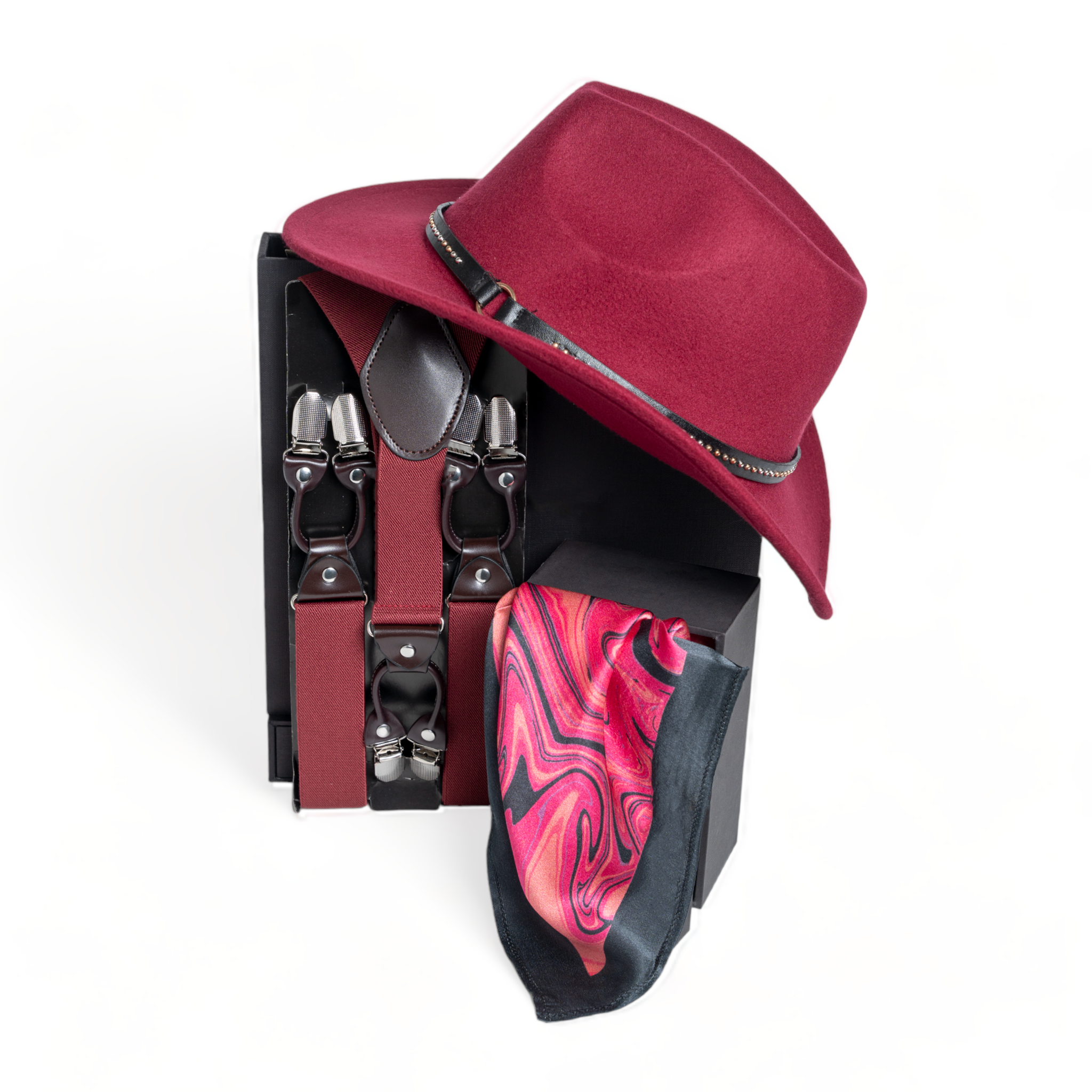 Chokore Special 3-in-1 Gift Set for Him (Burgundy Suspenders, Cowboy Hat, & Pocket Square)