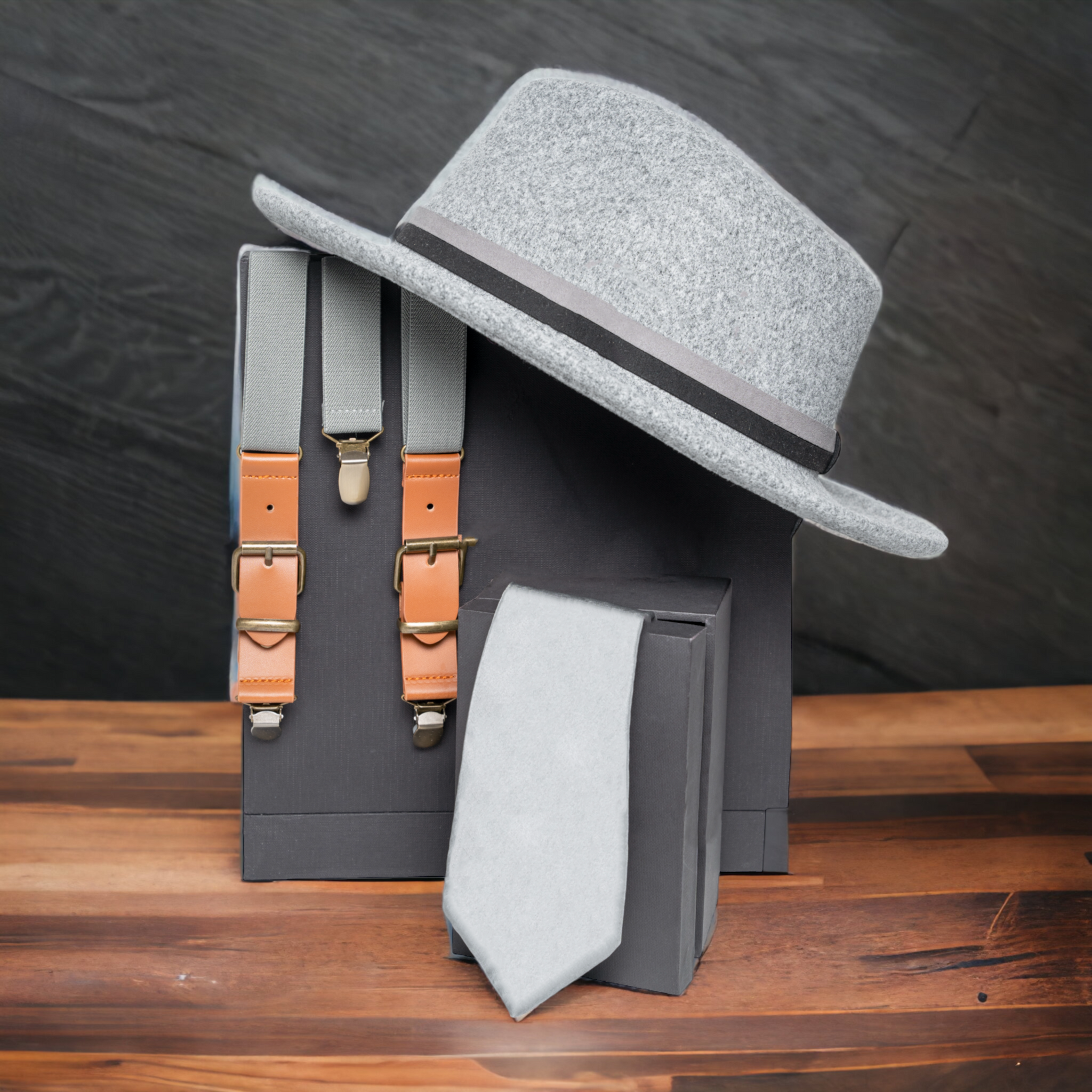 Chokore Special 3-in-1 Gift Set for Him (Gray Suspenders, Fedora Hat, & Solid Silk Necktie)