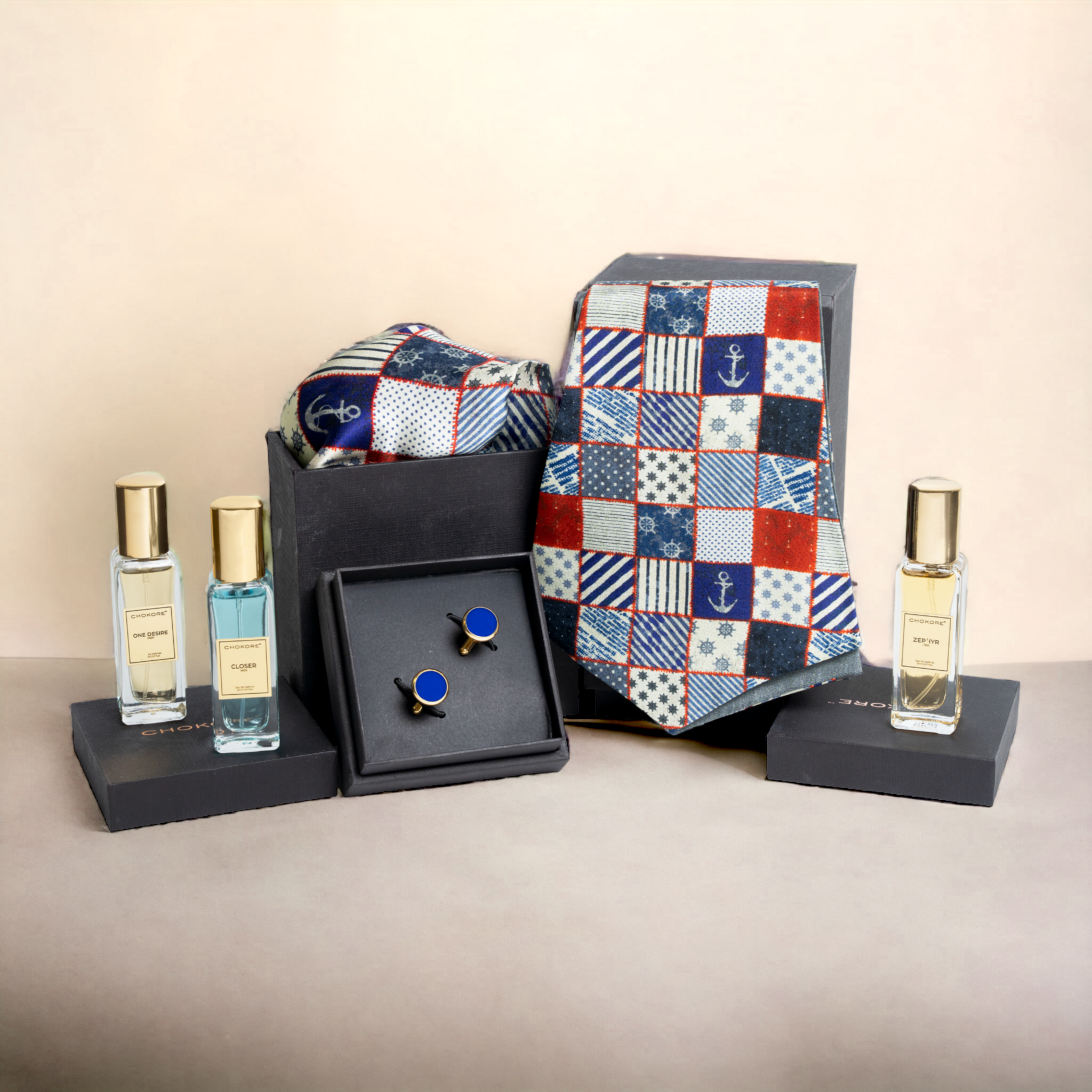 Chokore Special 4-in-1 Gift Set for Him (Silk Cravat, Pocket Square, Cufflinks, & Perfume Combo)
