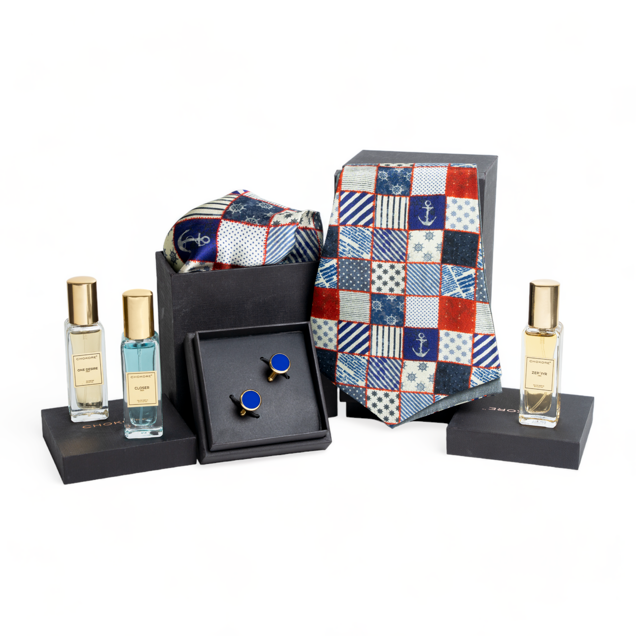 Chokore Special 4-in-1 Gift Set for Him (Silk Cravat, Pocket Square, Cufflinks, & Perfume Combo)
