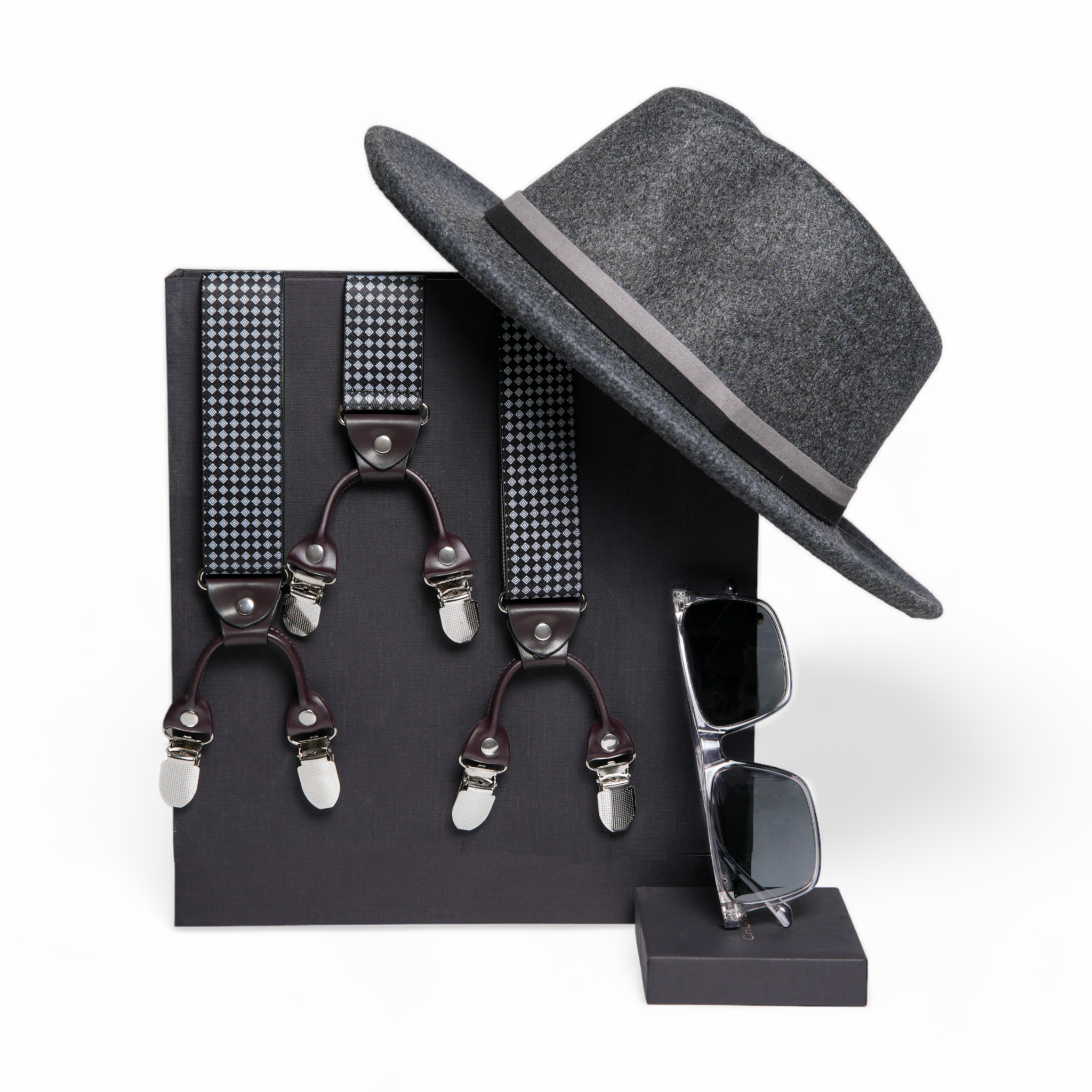 Chokore Special 3-in-1 Gift Set for Him (Black and White Suspenders, Fedora Hat, & Sunglasses)
