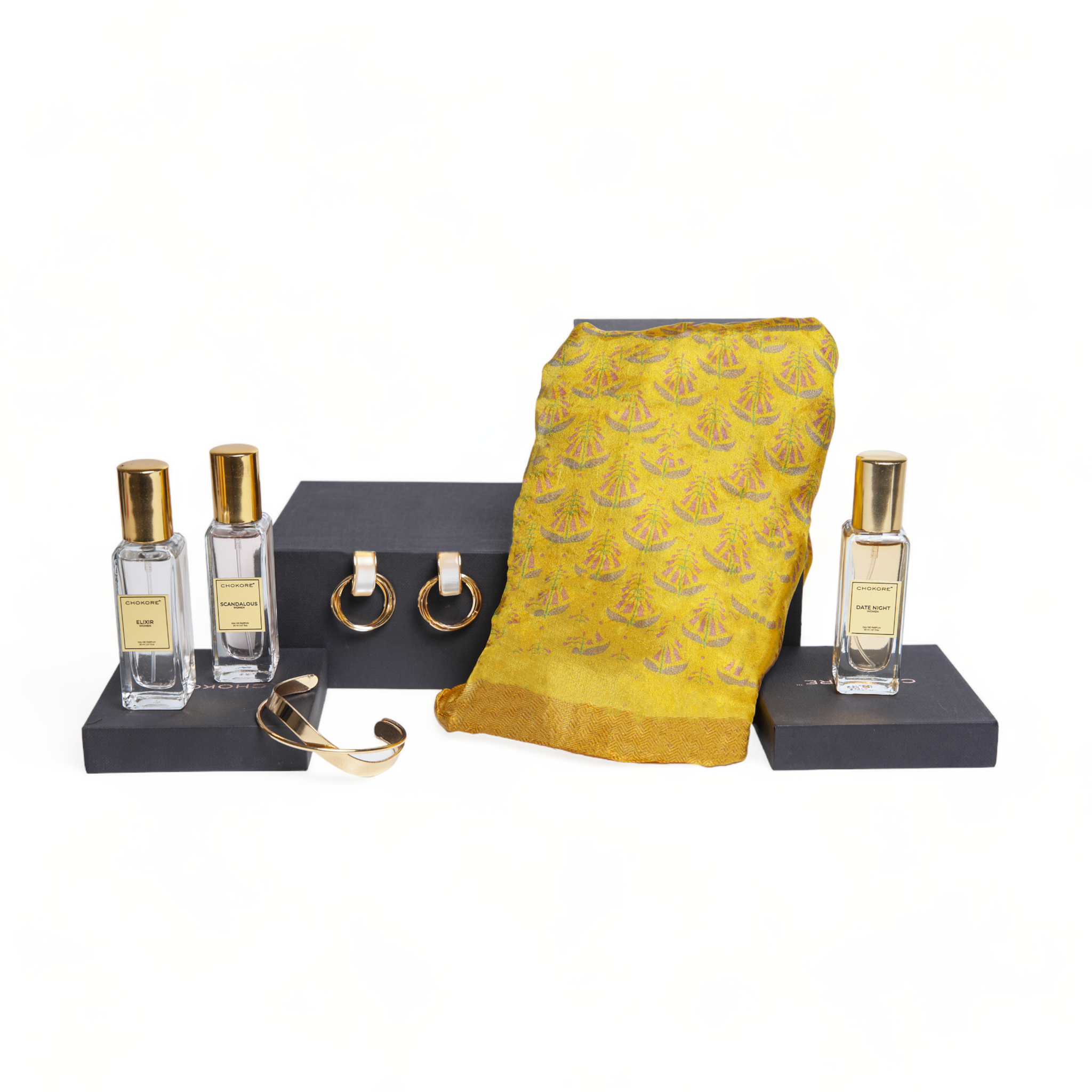 Chokore Special 4-in-1 Gift Set for Her (Silk Stole, Earrings, Bracelet, & Perfumes Combo)