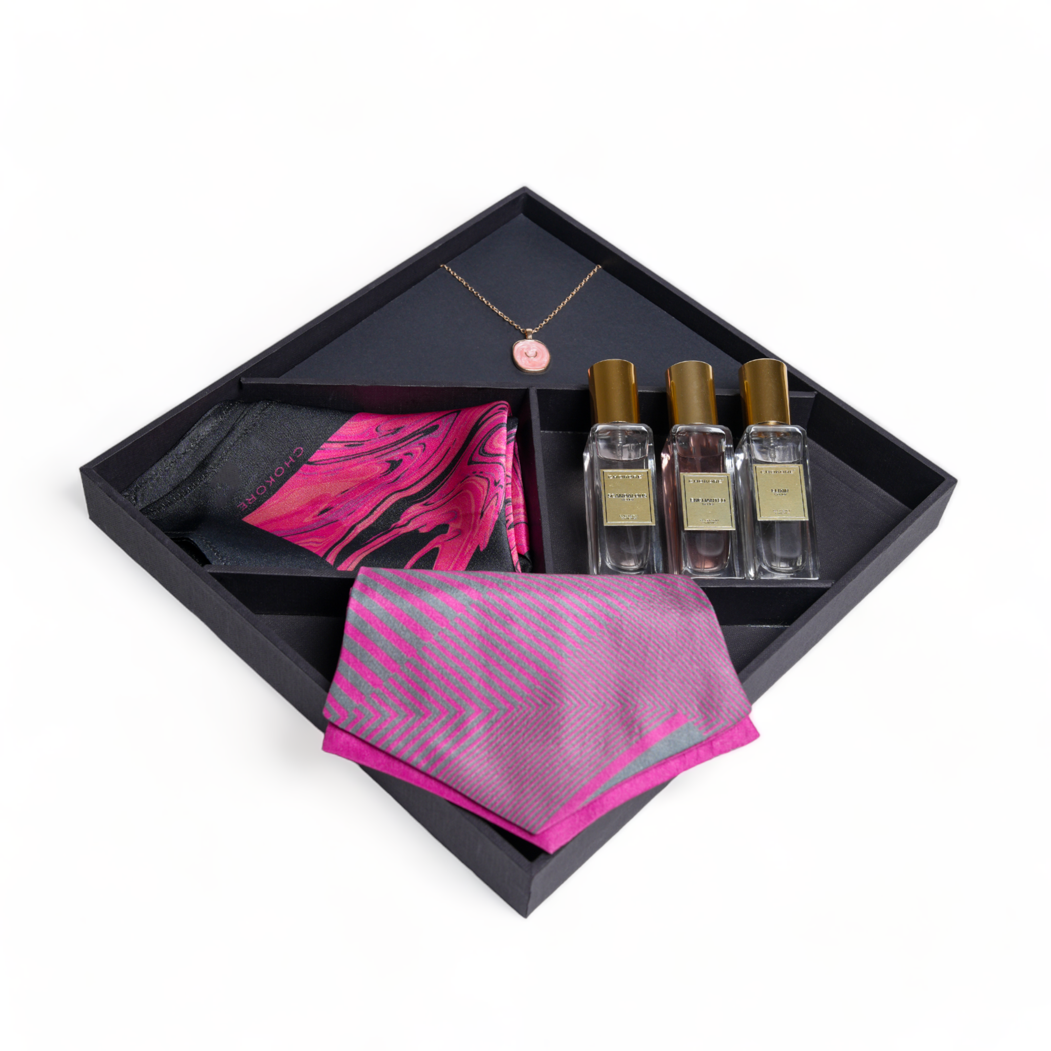 Chokore Special 4-in-1 Gift Set for Him & Her (Silk Pocket Square, Cravat, Pendant with Chain, Perfumes Combo)