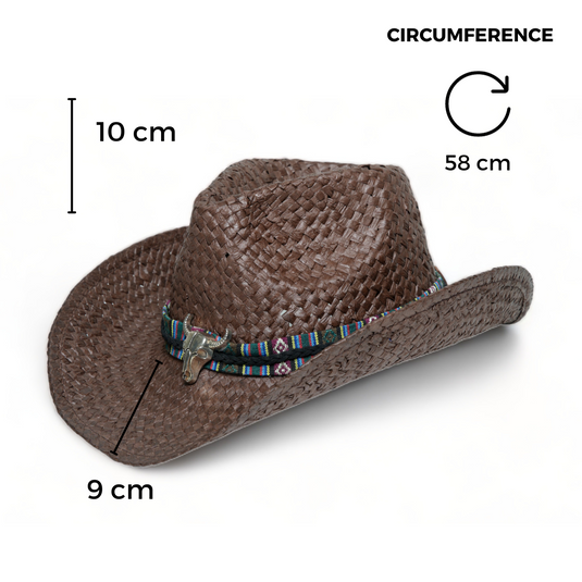Chokore Handcrafted Straw Cowboy Hat with Ox head Belt (Brown)