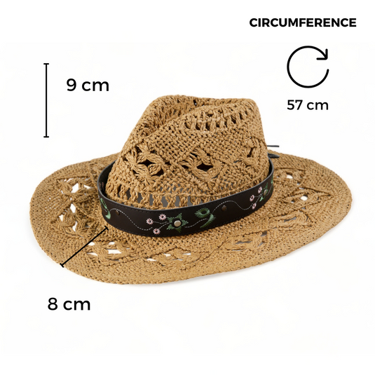 Chokore Handcrafted Straw Cowboy Hat with Embroidered Belt (Khaki)