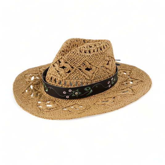 Chokore Handcrafted Straw Cowboy Hat with Embroidered Belt (Khaki)