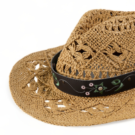 Chokore Handcrafted Straw Cowboy Hat with Embroidered Belt (Khaki)
