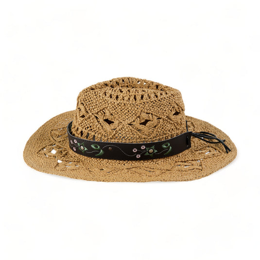 Chokore Handcrafted Straw Cowboy Hat with Embroidered Belt (Khaki)