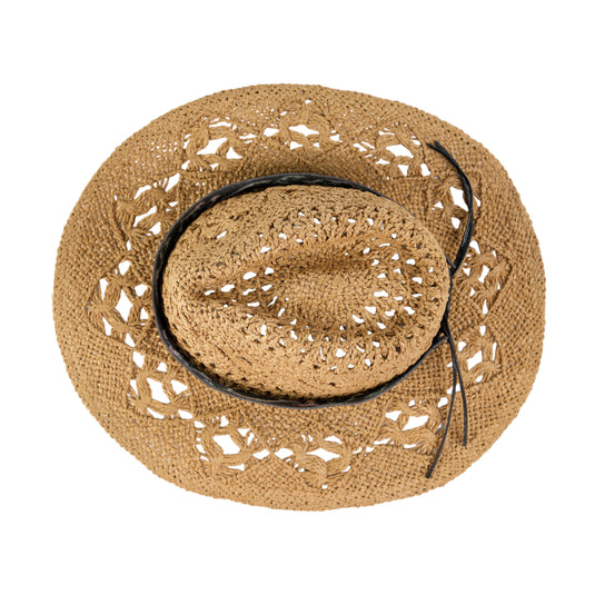 Chokore Handcrafted Straw Cowboy Hat with Embroidered Belt (Khaki)
