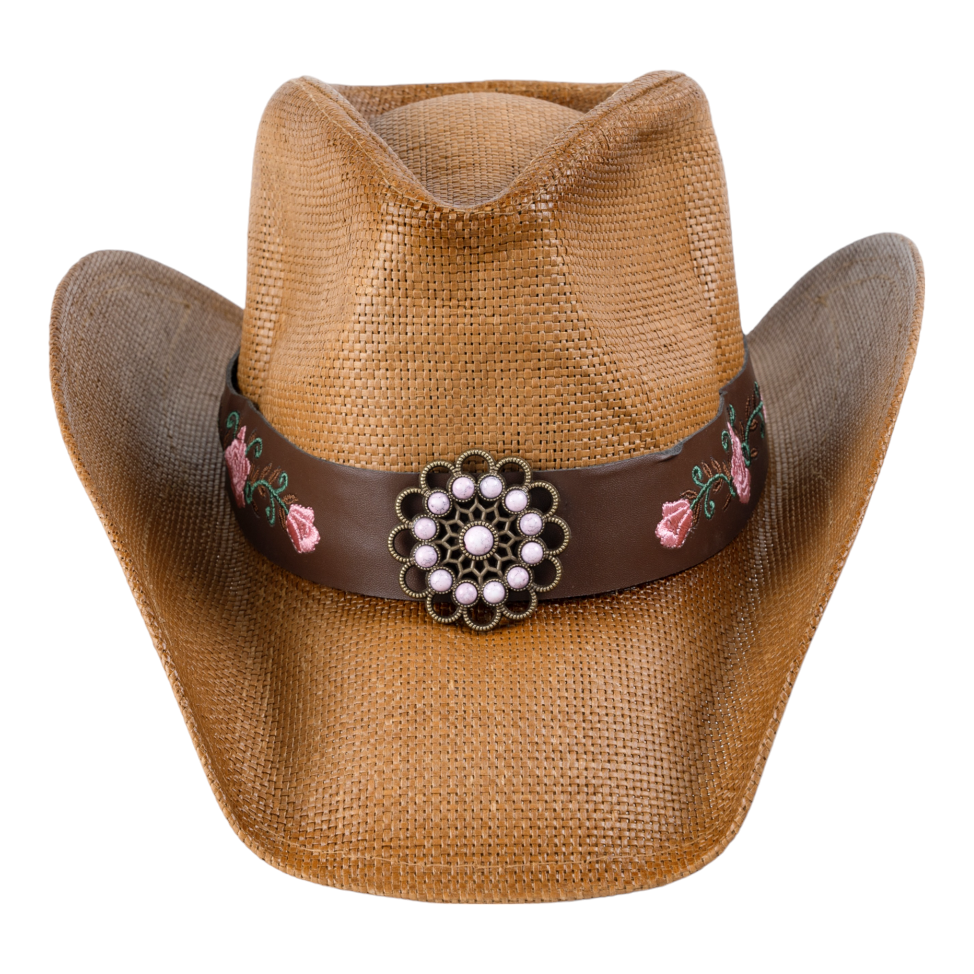 Chokore Embroidered Straw Cowboy Hat with Windproof Belt (Khaki)