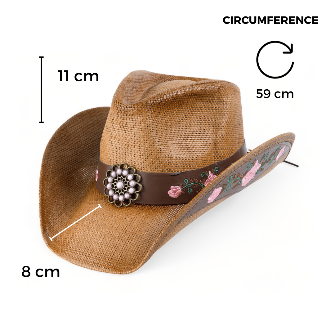 Chokore Embroidered Straw Cowboy Hat with Windproof Belt (Khaki)