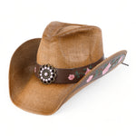 Chokore Chokore Embroidered Straw Cowboy Hat with Windproof Belt (Khaki) 