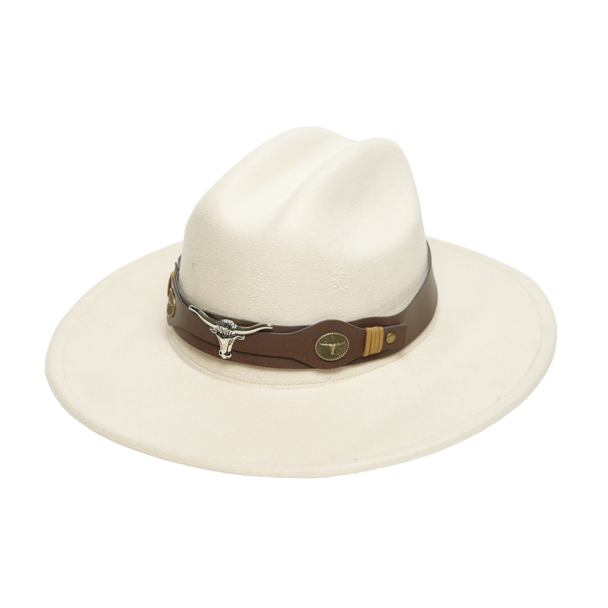 Chokore Pinched Cowboy Hat with Ox head belt  (Off White)