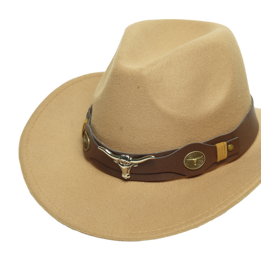 Chokore Cowboy Hat with Ox Head Belt  (Beige)