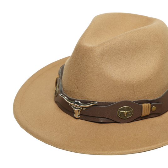 Chokore Fedora Hat with Ox Head Belt  (Light Brown)