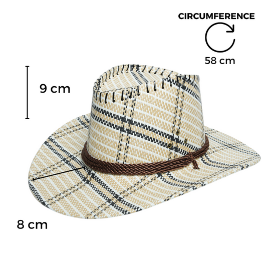 Chokore Vintage Wide-Brim Plaid Straw Cowboy Hat (Off-White)