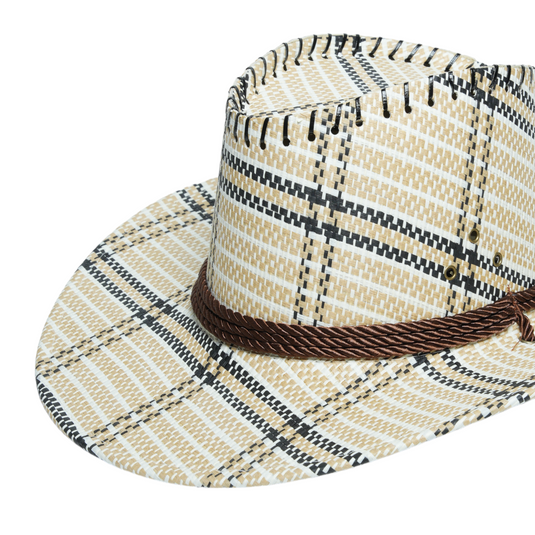 Chokore Vintage Wide-Brim Plaid Straw Cowboy Hat (Off-White)