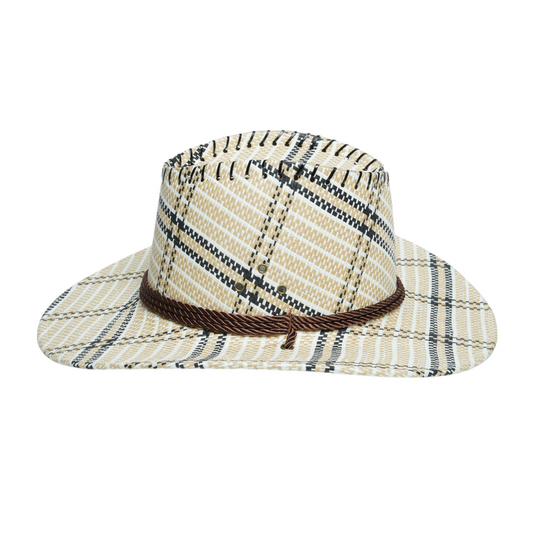 Chokore Vintage Wide-Brim Plaid Straw Cowboy Hat (Off-White)