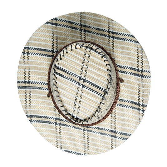 Chokore Vintage Wide-Brim Plaid Straw Cowboy Hat (Off-White)