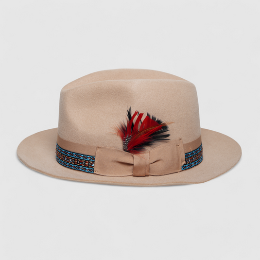 Chokore Classic Belle Fedora Hat with Feather Detail (Beige)